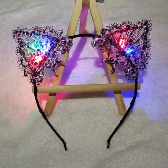 Women LED Light Up Cat Ears Lace Hair Hoop Headband Headwear Party Supplies