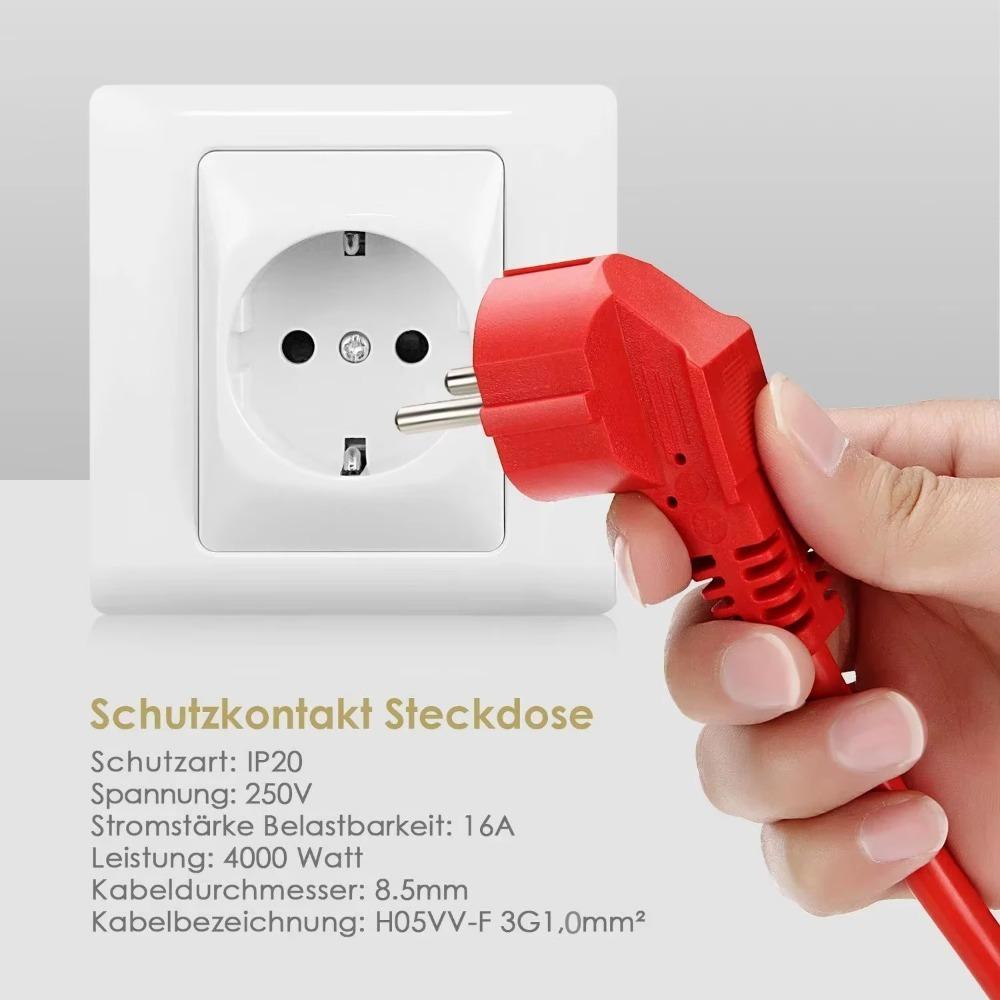 Melery Cabo de extensão de régua de energia 5/10 m, 10 A, tomadas da UE, 2500 W, tomada elétrica Schuko vermelha, tomada interna e externa, engenharia