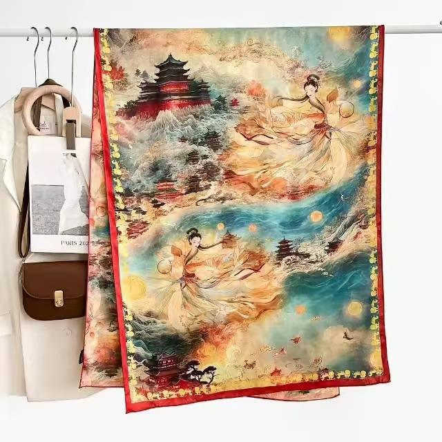 Xiangyun Dunhuang Feitian Flower Dill Cut Flower Thin Popular National Style Jacquard High-End Versatile Silk Scarf 180X70 Shawl