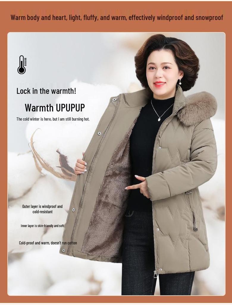 2025 Women's Stylish Hooded Mid-Length Winter Coat: Warm, Cotton-Padded Jacket for Middle-Aged and Elderly