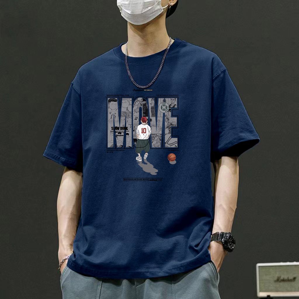 Mens Basketball Pattern T-shirt O-neck Short Sleeves Cotton Tee for Slum Dunk Fans