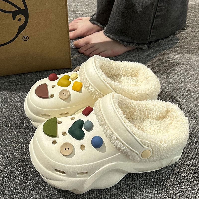 New velvet hole shoes women's winter non-slip outer wear cotton shoes heightened thick-soled home removable cotton slippers