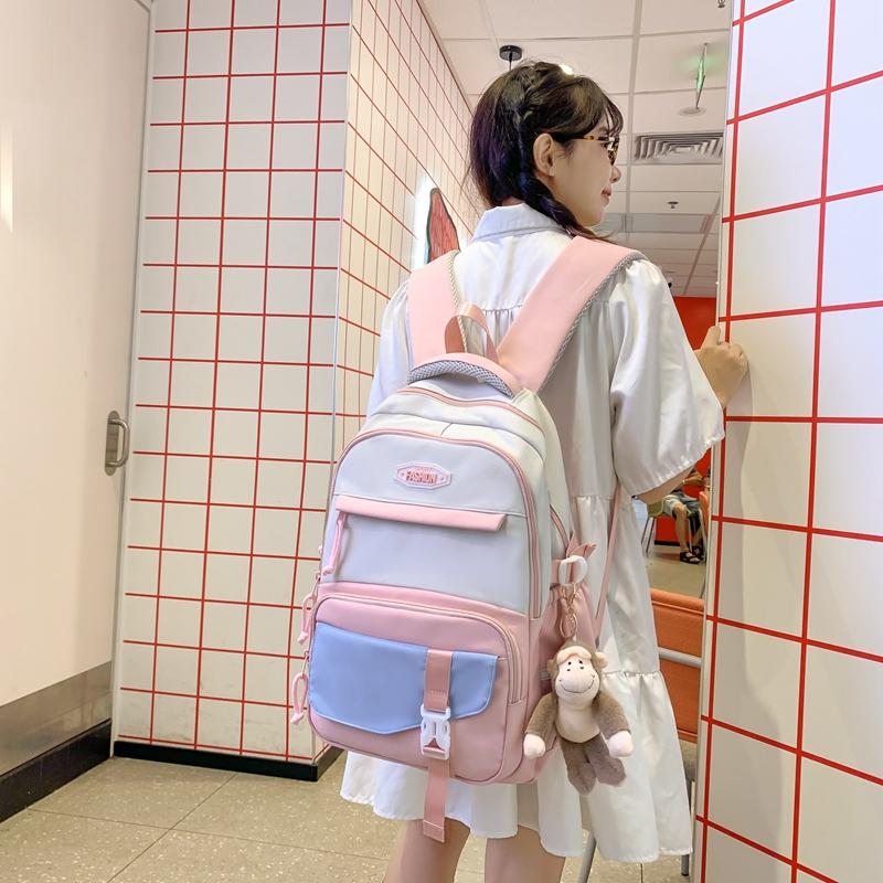 Women Large Capacity Schoolbag Campus Color Block Backpack Multi-Compartment Student Travel Backpack