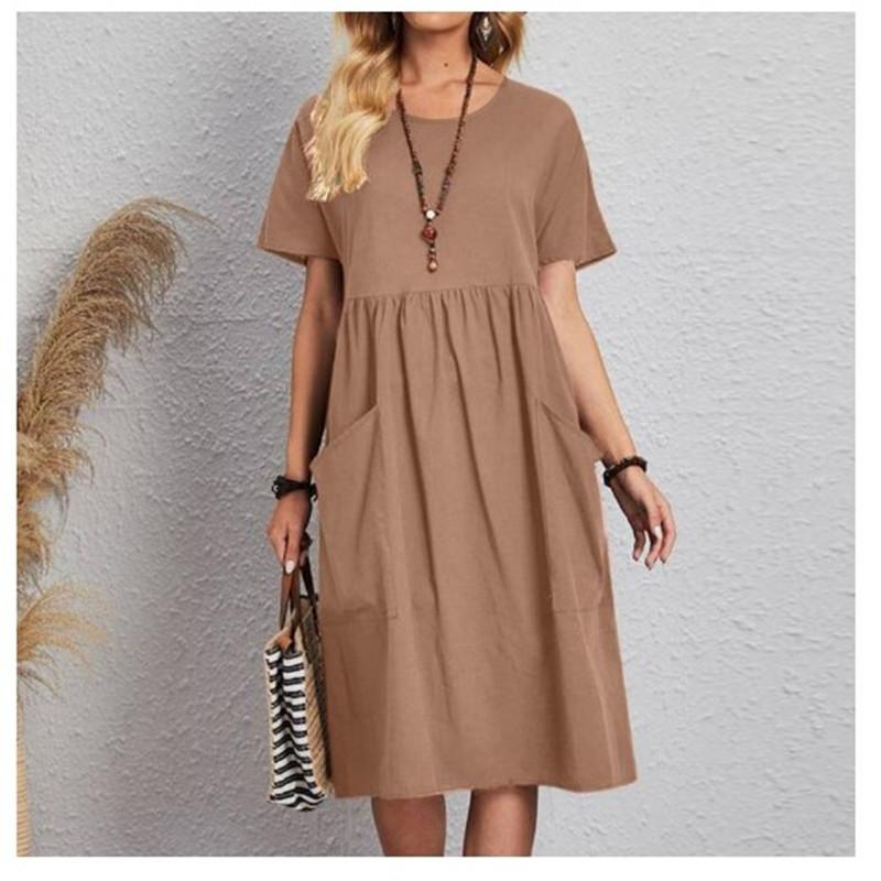 Kvinners avslappet kjole med korte ermer og løs passform med lommer, rund hals, rynkekant i midjen i rosa, beige, khaki, marineblå