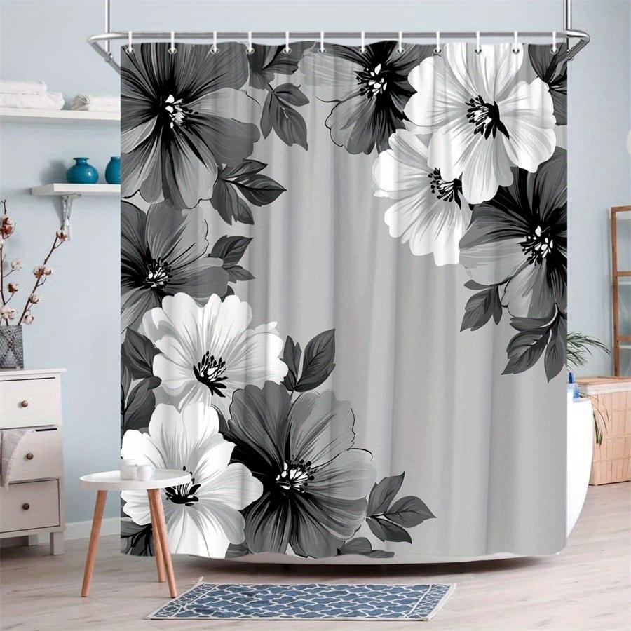 1Pc Grey Hibiscus Shower Curtain - With Delicate Petals And Slender Leaves, Polyester Fabric, With Hooks, Machine Washable