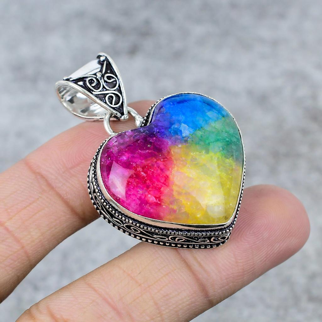 Rainbow Solar Quartz Gemstone Handmade 925 Steling Silver Pendant 2.17" M-251