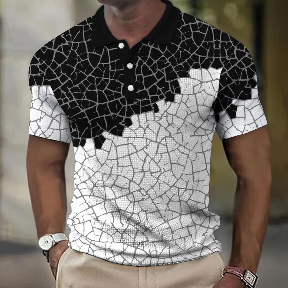 Men's 3D Plaid Print Casual Loose Short Sleeve Polo Shirt