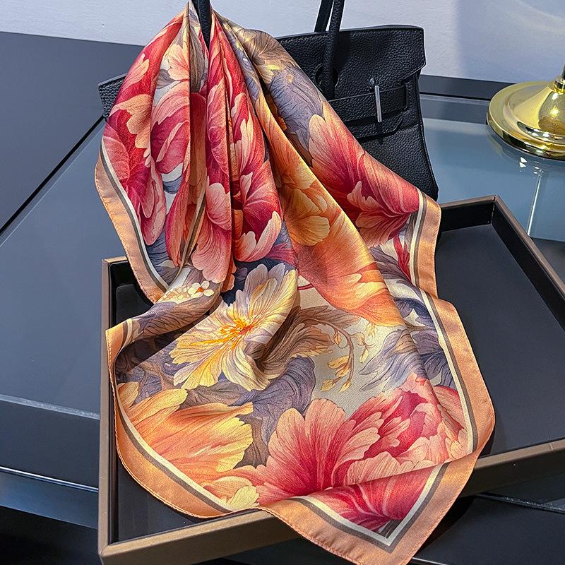 NEW 100% Silk Scarf For Women Korean Red Big Flowers Festival Gift Hair Tie Neck Scarf Ribbon Spring Summer Party Scarves