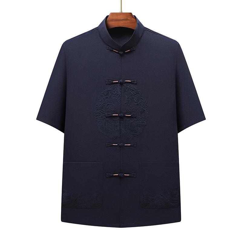 Men's Chinese Style Ice Silk Tang Suit: Two-Piece Summer Set with Short Sleeves and Long Pants for Middle-Aged and Elderly