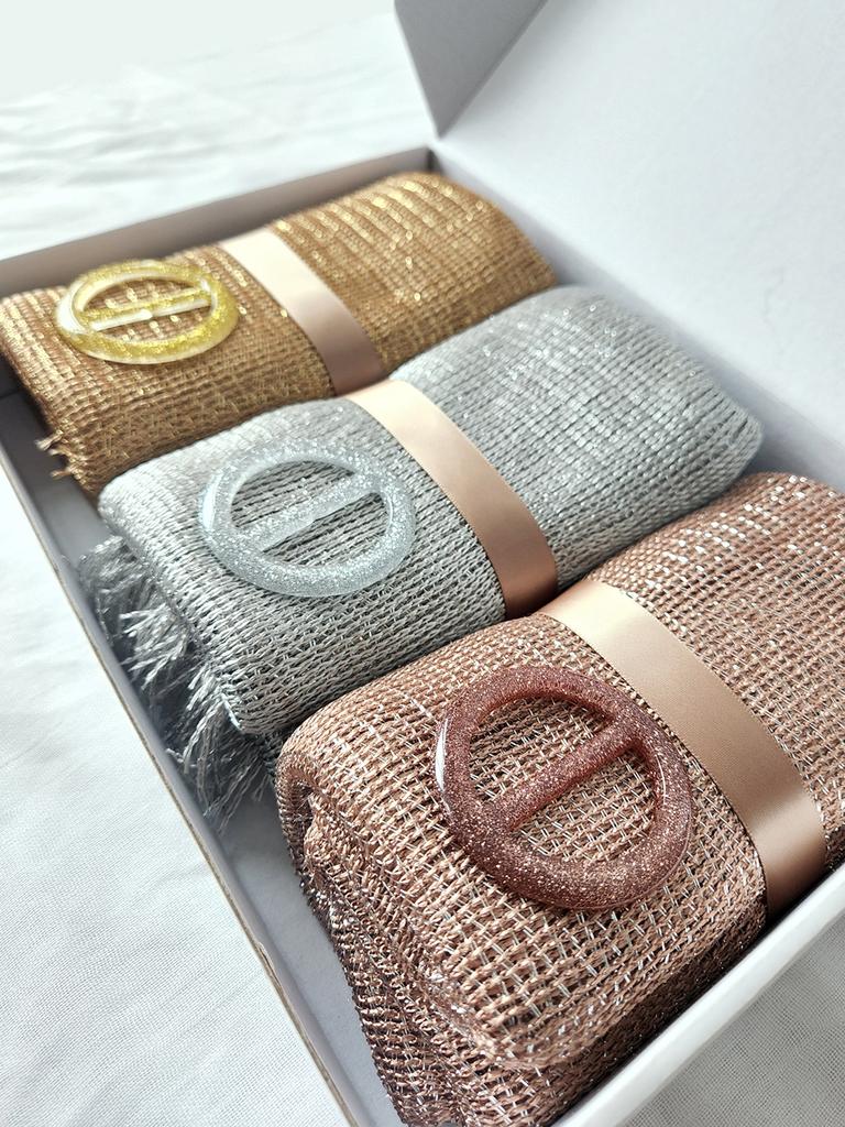 3 pcs One Set Sparkling Metallic Scarf Shawl with Buckle Women's Evening Party Shawl Gold Silver Shiny Shawls for Bridal Wedding