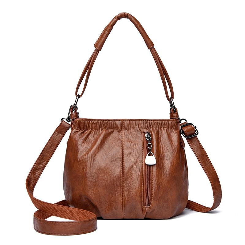 Solid Color Small Water Bucket Handbag Zipper Compartments Soft Pu Wear Casual