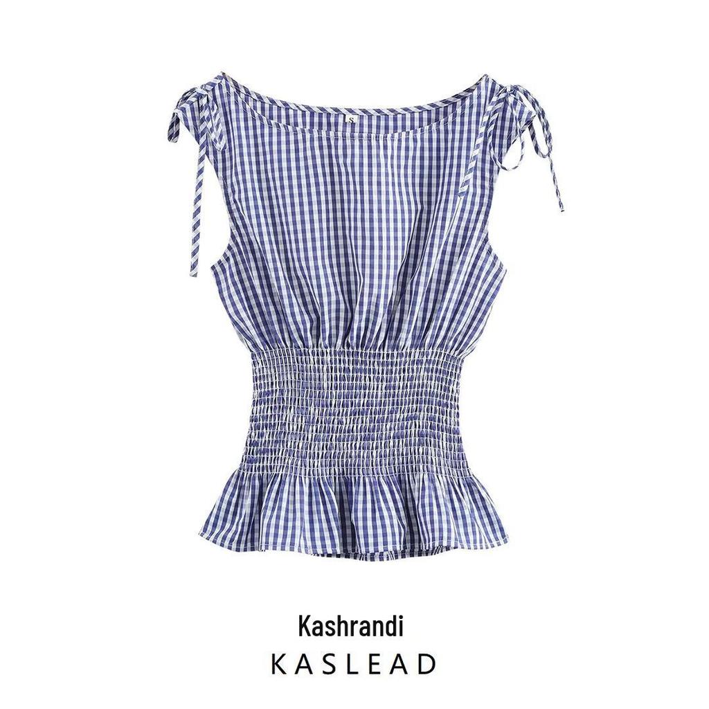2025 Spring Women's European & American Style Striped Tie-Up Ruched Waist Top
