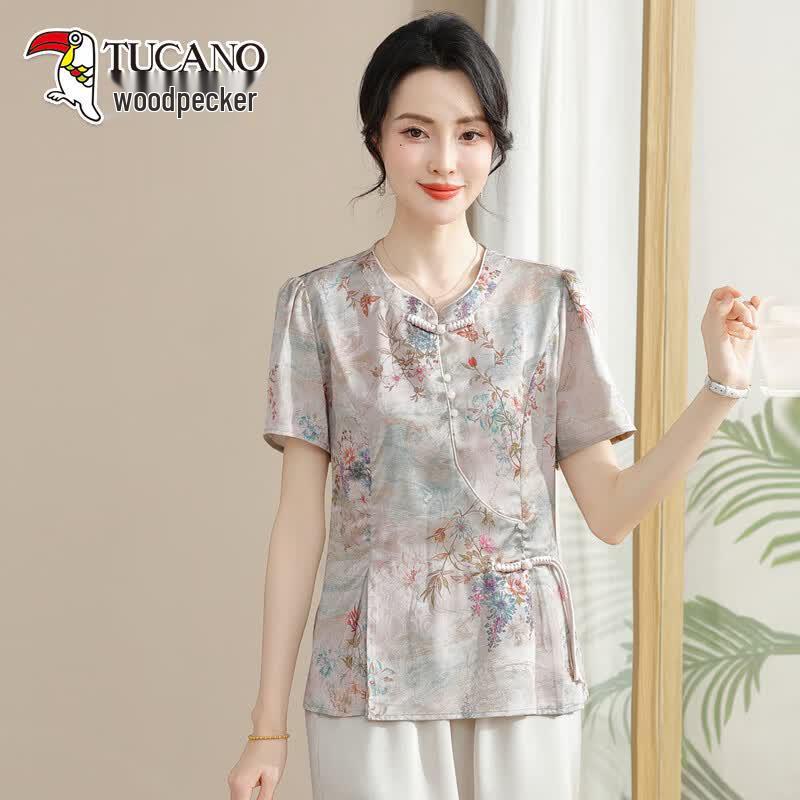 TUCANO New Chinese Style Women s Floral Short Sleeve T-Shirt 2XL
