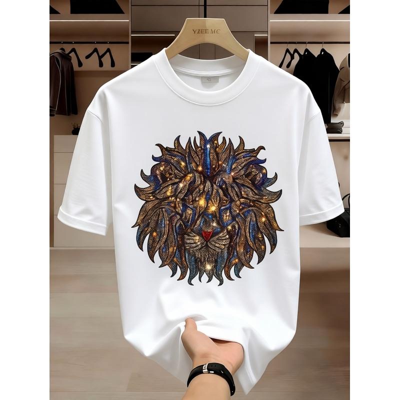 Men's Luxury Sparkling Rhinestone Lion & Mane Print T-Shirt - Short Sleeve Crew Neck with Lion Mane Print, Machine Washable Regular Fit Casual &