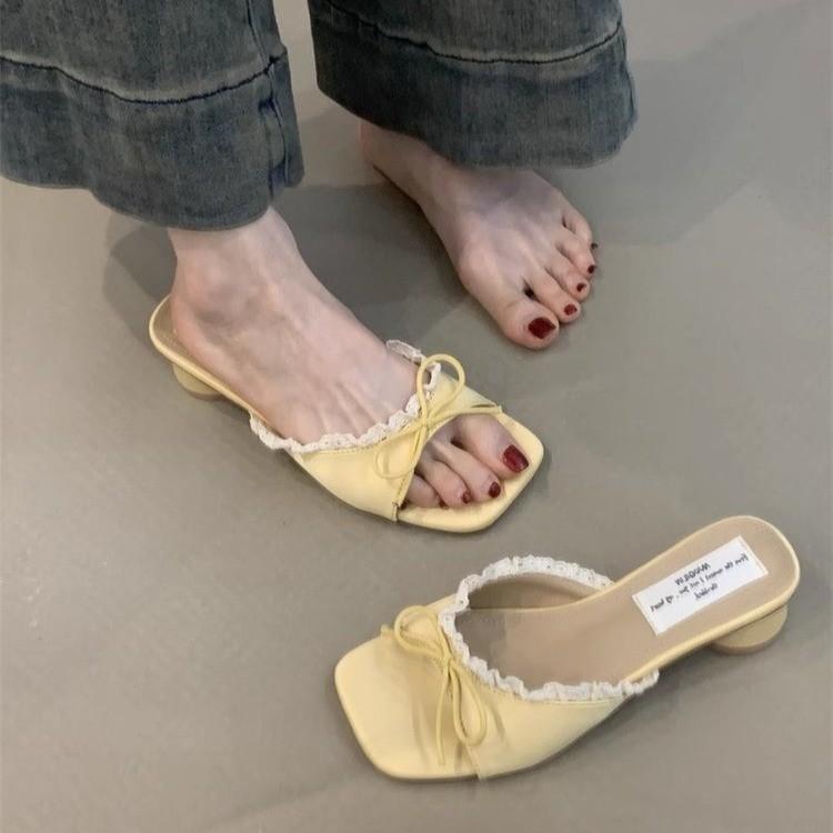 Summer Women's Butterfly-knot Lace Women Slippers Casual Thick Low Heel Dress Street Style Slides