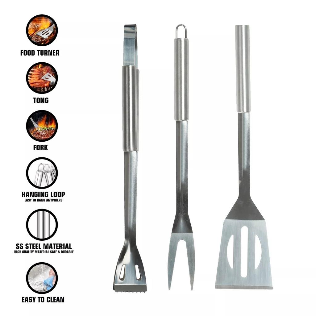 BBQ Tool Set Stainless Steel 3PC Premium Barbecue Utensils Food Turner Tong Fork