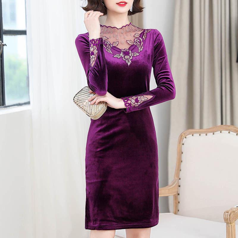 Plus Size Velvet Dress Long Sleeve Woman Spring Autumn A-line Dress Woman Mid-length Slim Dress for Party