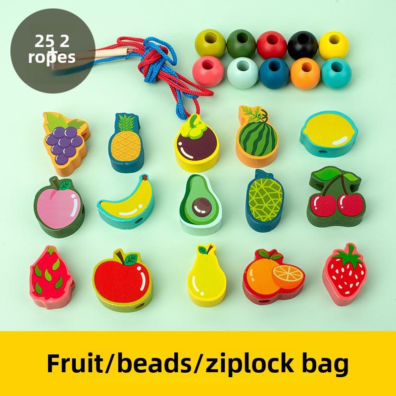 Montessori Holz Einfädelperlen Spielzeug für Kleinkinder, Pädagogisches Auffädeln Tiere Früchte Einfädelspiel, Geschenk für Vorschulkinder