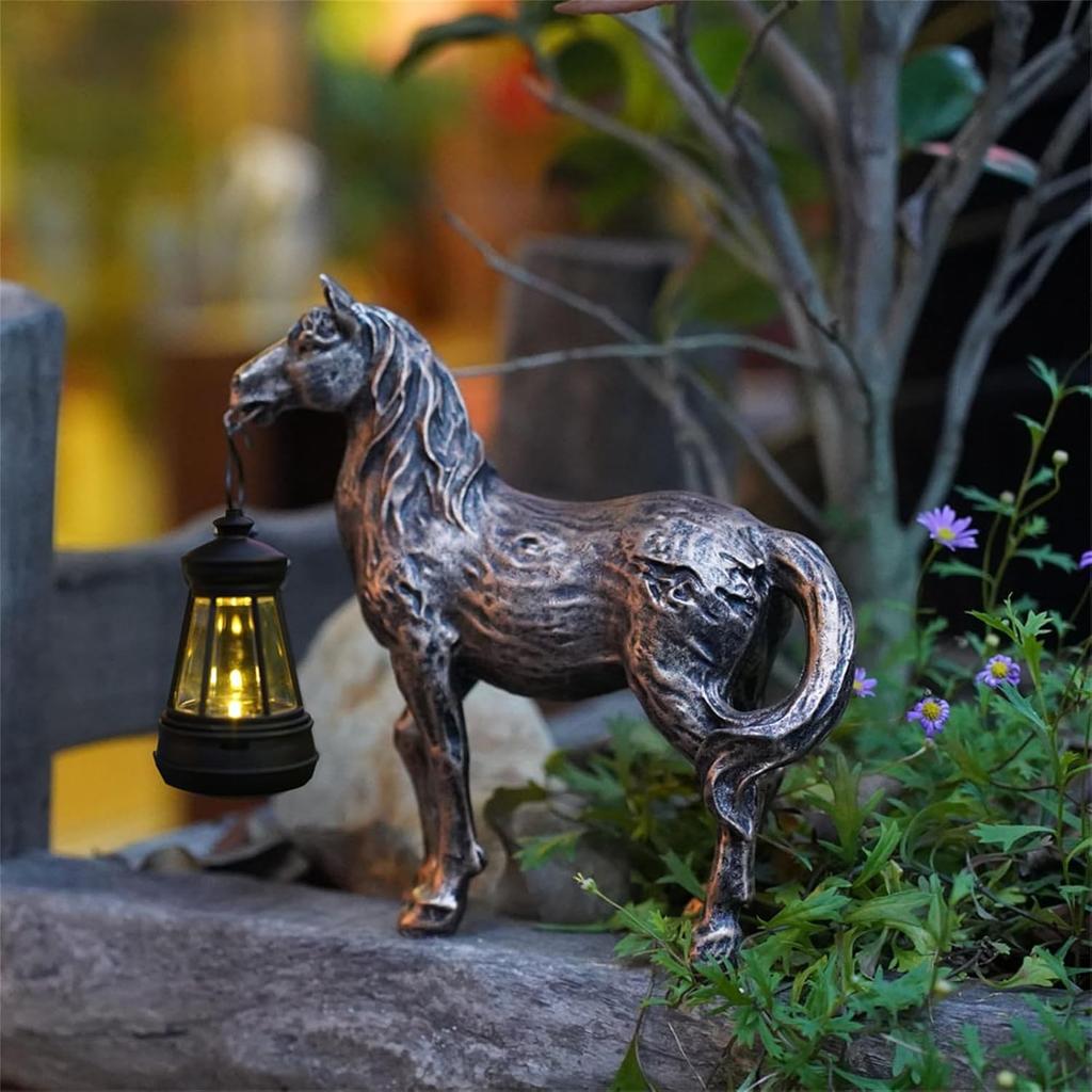 Solar Garden Horse Figurine With Lantern - Outdoor Farmhouse Statue, Whimsical Decor for Indoor Home - Housewarming Gift for Mom Grandma (Bronze)