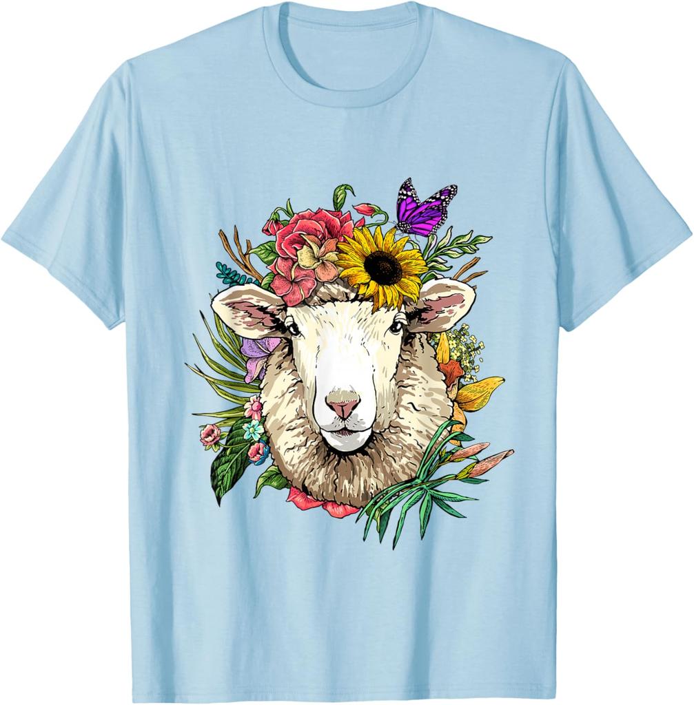 Blumen Schafskopf Kranz T-Shirt Tierliebhaber Bauernhof Grafik T-Shirt Frühling Sommer Freizeit