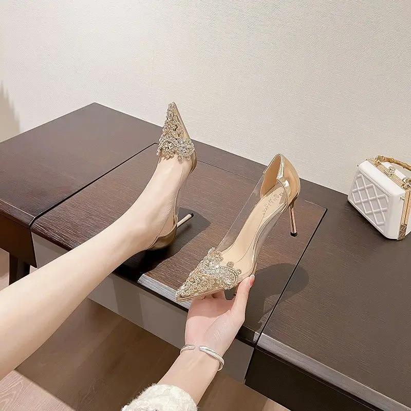 Fashion Woman Pumps Pointed Toe Rhinestone Clear Silver Shoes for Women Genuine Mark With Discount Non Slip On Promotion Popular Fashion
