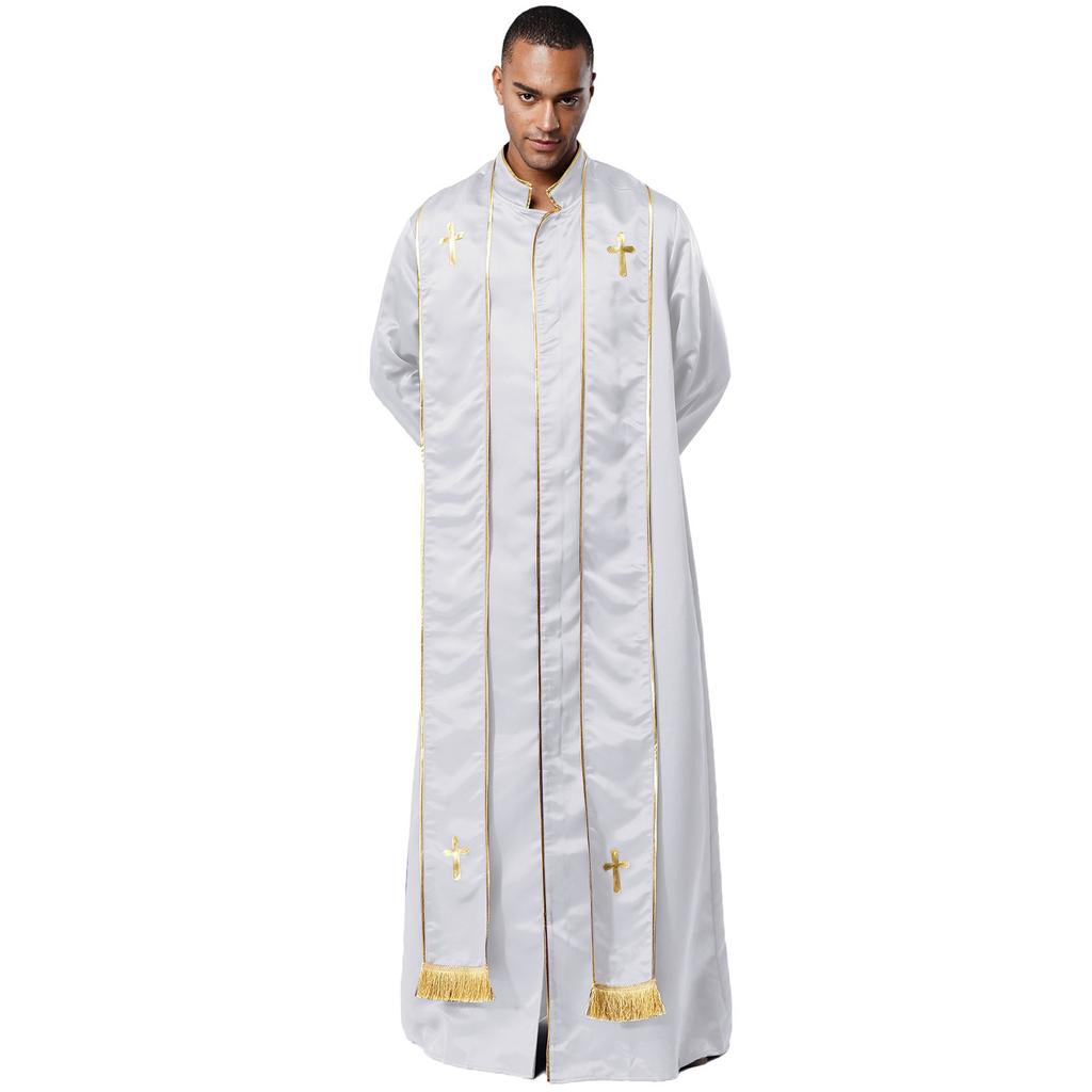 Mens Priest Robe Costume Stand Collar Long Sleeve Front Zip Design Gold Cross Cassock Catholic Halloween Cosplay Vestments