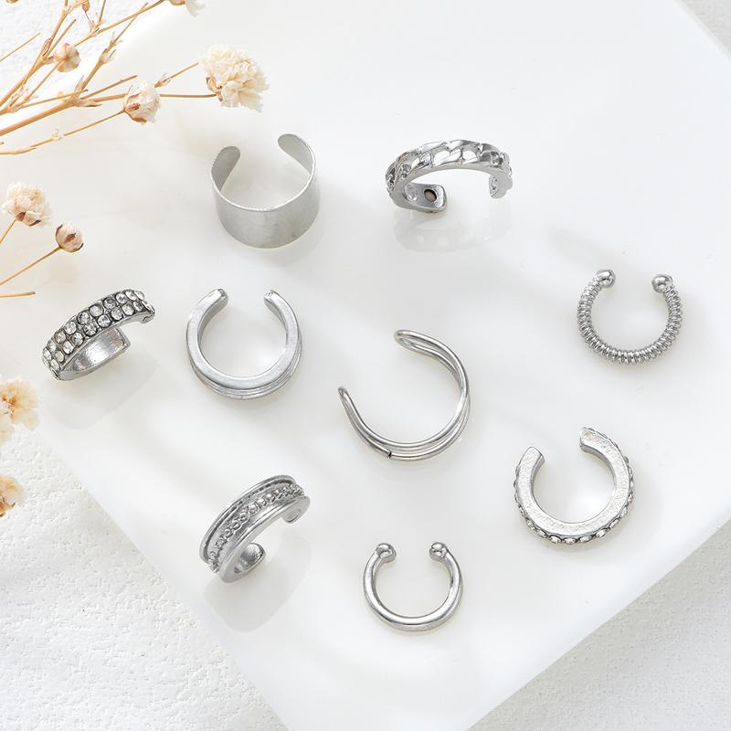 9Pcs/Set Simple Metal Non-Piercing Ear Clip Earrings for Women Shiny CZ Stone Fake Piercing Ear Cuff Daily Wear Party Jewelry