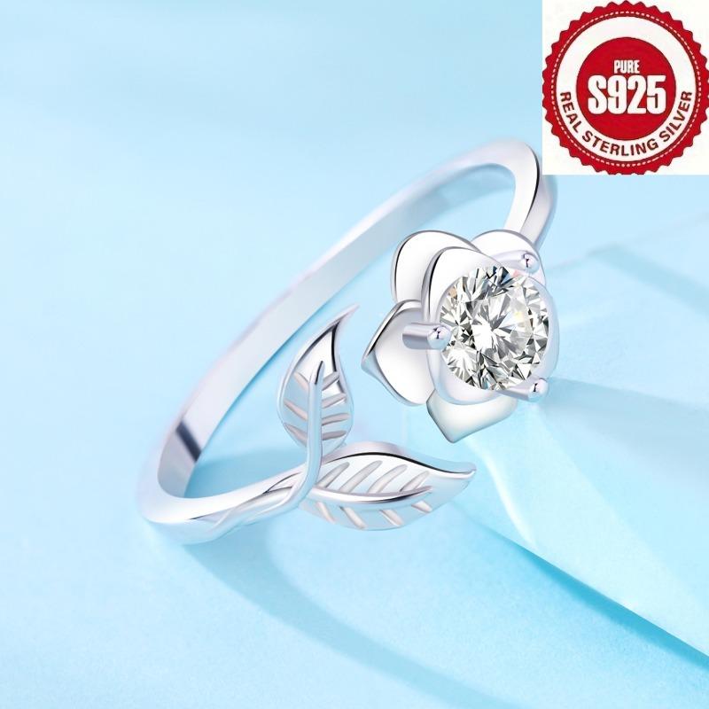 925Silver women's ring, adjustable, shiny rose leaf open ring, gift for mother, wife, couple, teenager, wedding, engagement, cute and fashionable