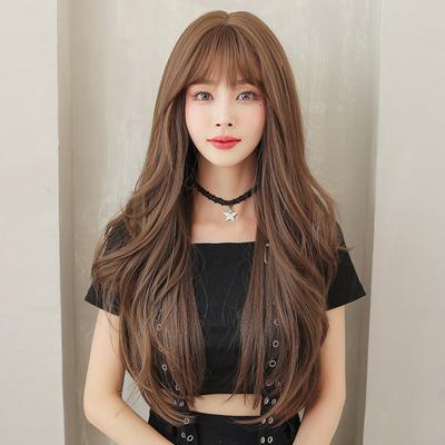 Women's Korean Style Fluffy Long Wig with See Through Bangs Ladies Daily Use Natural Looking Full Cap Large Waves Wig