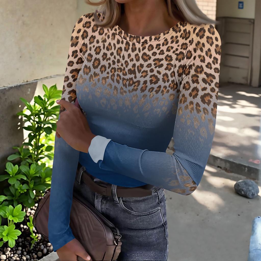 Women's Slim Fit Leopard Print Long Sleeve Round Neck Pullover T-Shirt