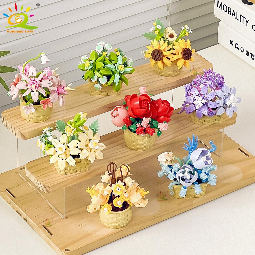 HUIQIBAO MOC Bouquet Potted Plant Micro Building Blocks Eternal Flower Model DIY Home Desk Decoration Brick Toy For Children