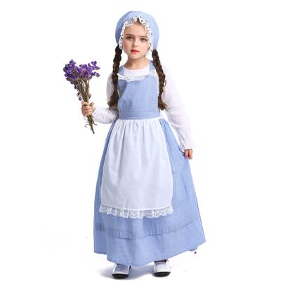 Děti Dívky Drama Pastýřský Statek Služebná Krajka Dlouhý Rukáv Šaty Zástěra Klobouk Sada Děti Halloween Cosplay Kostýmy Role Play Oblečení