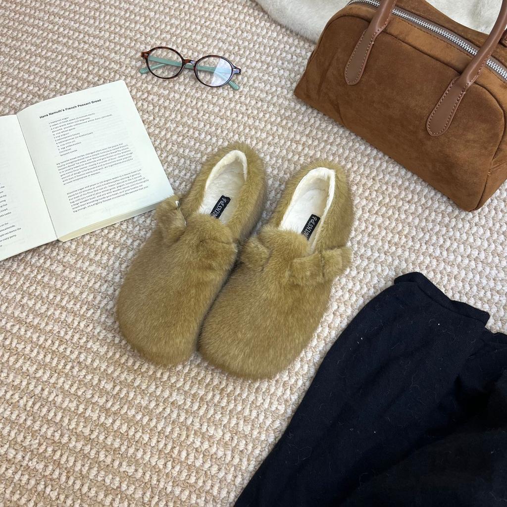 2025 Winter New Round Head with Velvet Thermal Cotton Shoes Versatile Mary Jane Platform Commuter Fluffy Women's Single Shoes