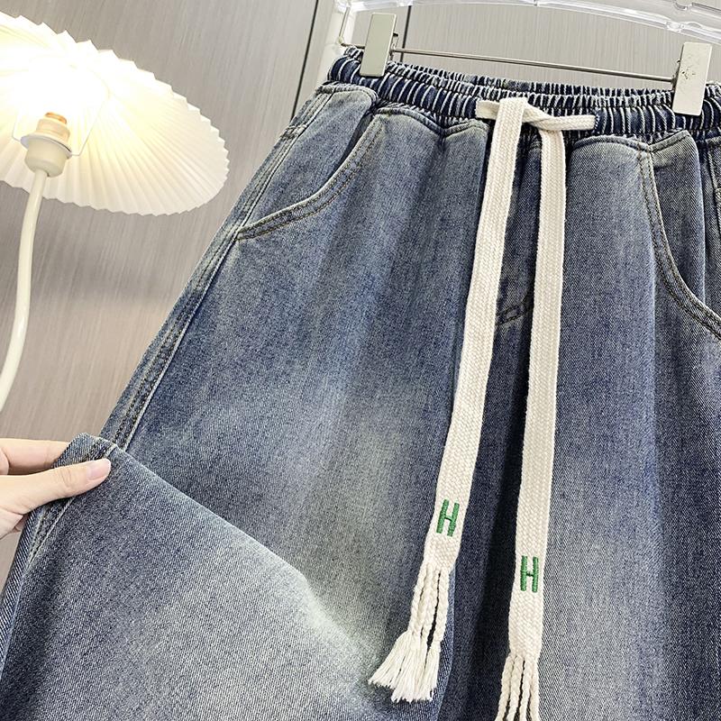 DIMANAF 2025 Plus Size New Autumn Blue Basic Elastic Jeans Pants Women Loose Denim Trousers Big Casual Pants 6XL