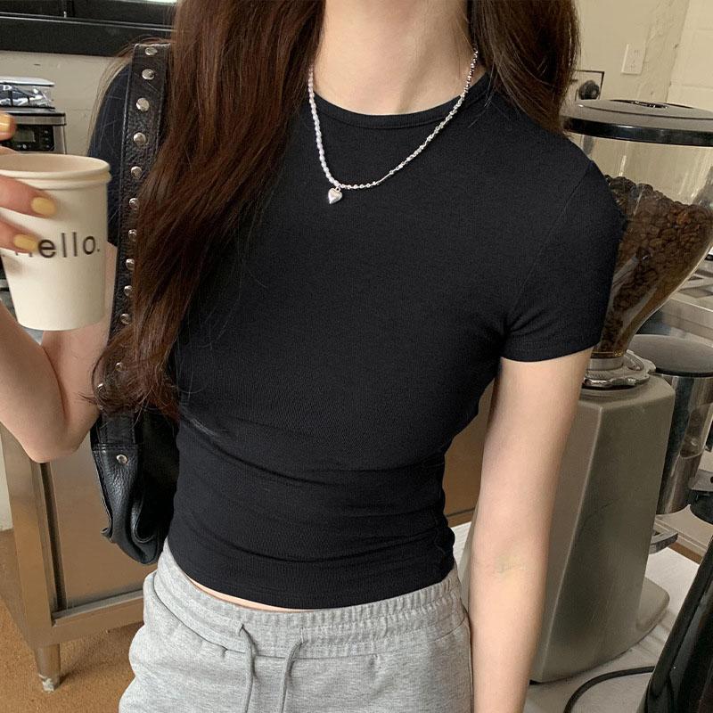 

Базовый однотонный укороченный топ с коротким рукавом и круглым вырезом, узкая футболка, летняя повседневная футболка для женщин y2k, винтажный топ, уличная одежда в стиле Харадзюку M чёрный