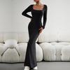 Herbst Damen Einfarbig Slim Fit Strickkleid Langarm Eckiger Ausschnitt