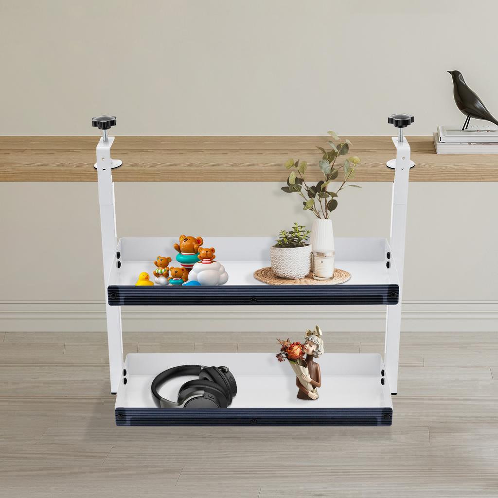Clamp-On Desk Shelf – 2-Tier Under/Over Desk Storage Organizer with Guardrail – White