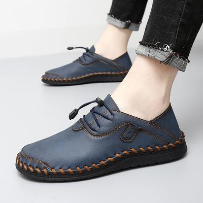 Men Blue Moccasins Hiking Shoes Slip On Handmade Driving Shoes Casual Leather Wide Outdoor Shoes Plus Size