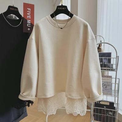 Sweat-shirt pull pour femme 2024 à manches longues, aspect deux pièces avec dentelle, col rond, coupe ample pour le printemps et l'automne