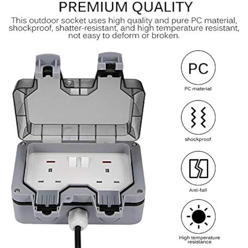 3/5/10M 13A IP66 Waterproof Double Socket Outdoor Weatherproof Sockets Outside Wall Electrical Switched Plug Sockets Box