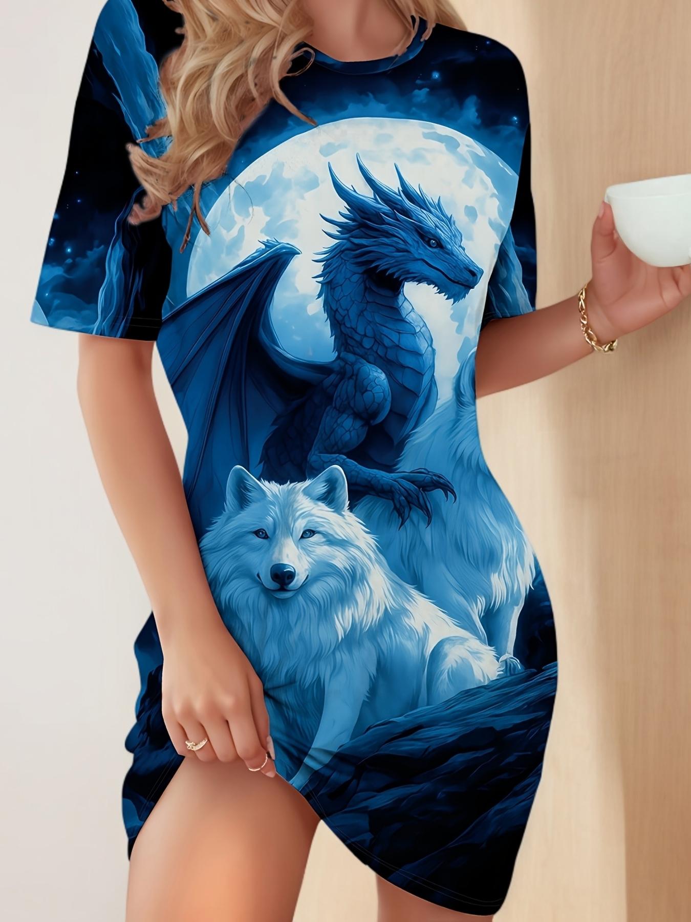 

European And American Women S Fashionable Casual Pajamas with a Blue Background Featuring Dragon And Wolf Prints. A Sweet Holiday Gift. Comfortable An 3XL дубильна кора