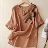 Plus Size Women Loose Cotton Linen Short Sleeve T-shirts Vintage Feather Print Thin Summer Tops Crew Neck Tshirts