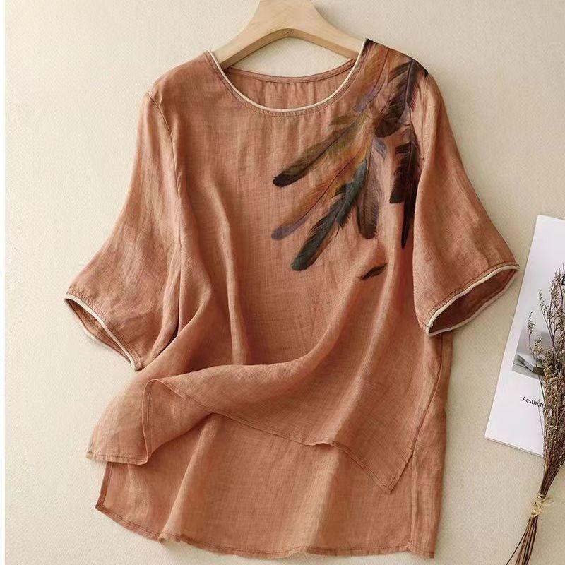 Plus Size Women Loose Cotton Linen Short Sleeve T-shirts Vintage Feather Print Thin Summer Tops Crew Neck Tshirts