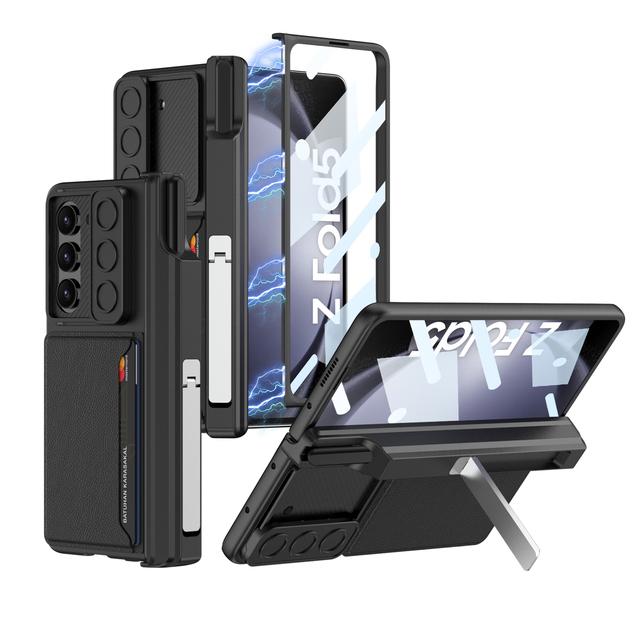 

С S Pen для Samsung Galaxy Z Fold 5 чехол-кошелек с магнитным шарниром кожаный чехол для карт сумка 360 полная защита подставка чехол For Galaxy Z Fold 5&case with touch pen чёрный