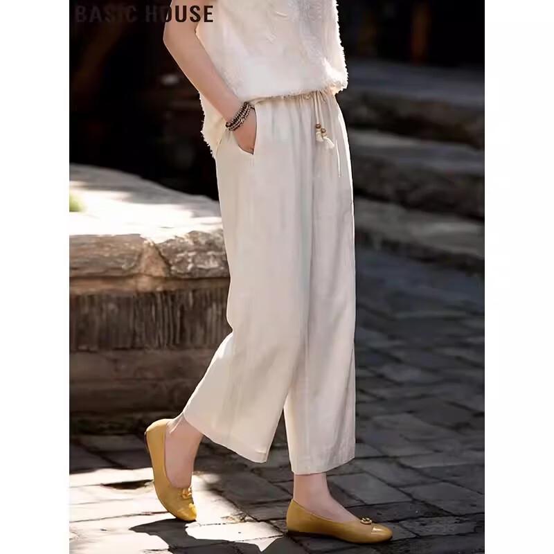 Basic House Women's Tencel-Linen Wide-Leg Cropped Pants