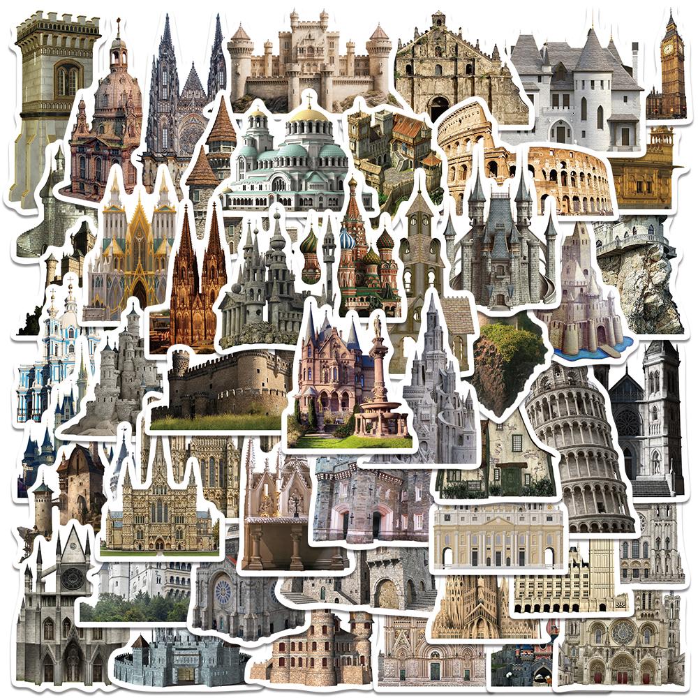 50 Stuks Retro Middeleeuws Europees Kasteel Bouwstickers Esthetisch Voor Diy Journal Skateboard Bagage Decoratie Vinyl Speelgoed Sticker