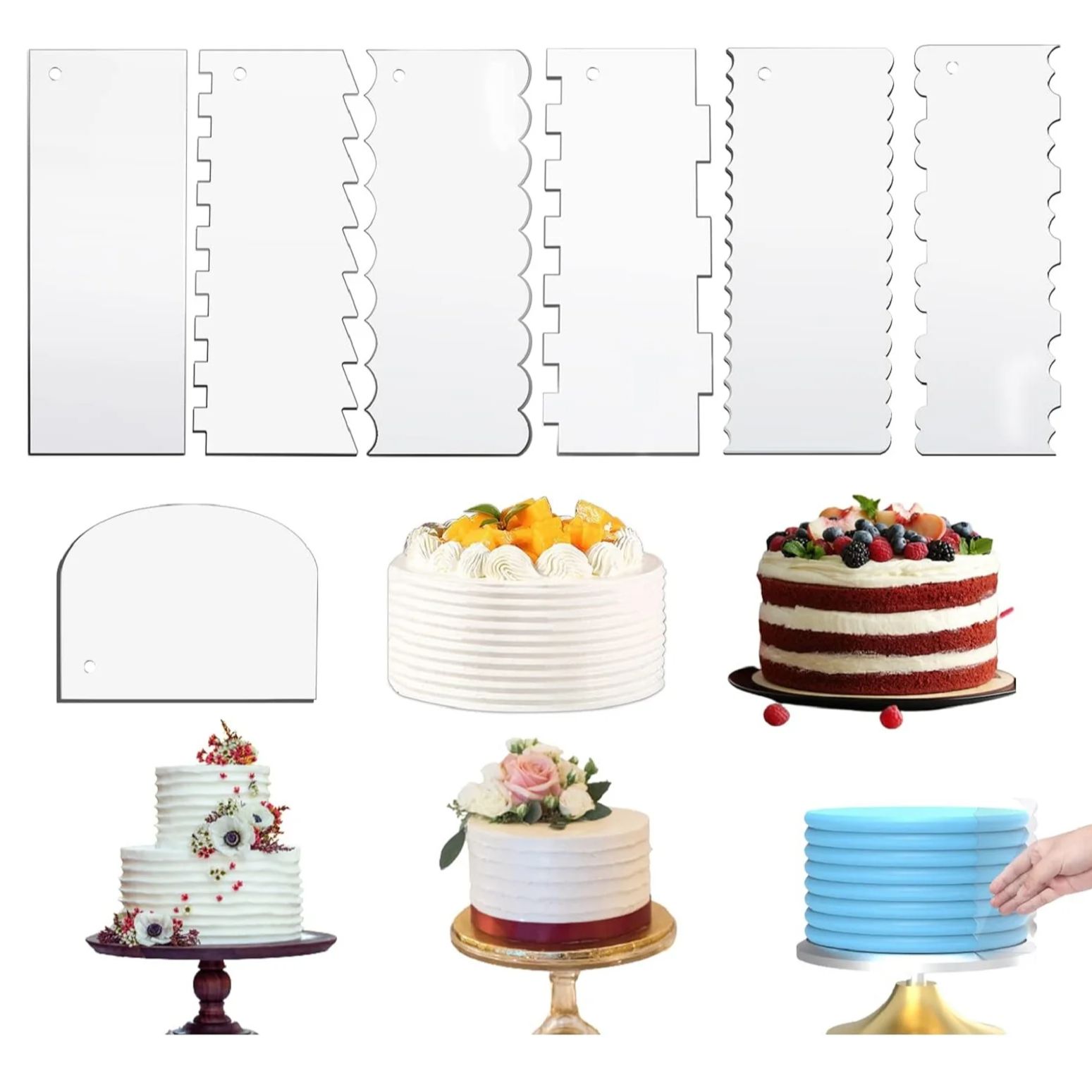 7pcs Large Acrylic Cake Scraper Set Cake Icing Smoother Scraper Frosting Comb Cake Edger Stripes Contour Comb Pastry Cutter