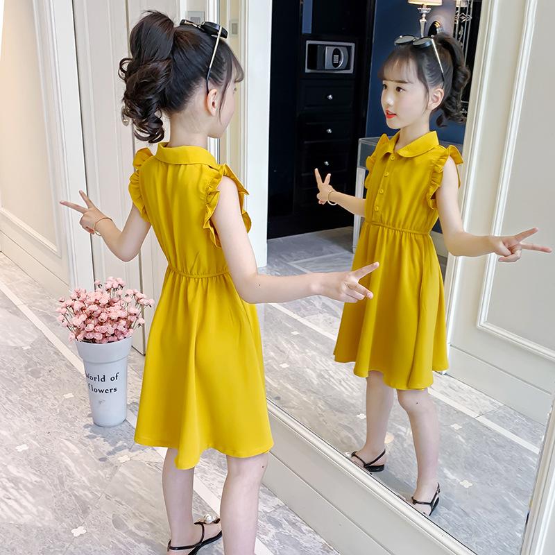 Girls Chiffon Dress Summer Fashion Children's Solid Color Lapel Lace Princess Dress