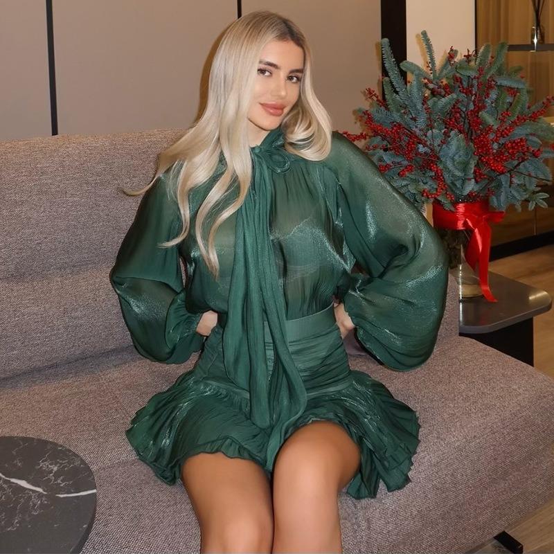 Elegant Bow Lace Up Skirts Set Women O Neck Long Sleeve Blouses High Waist Pleated Skirt Lady Outfits
