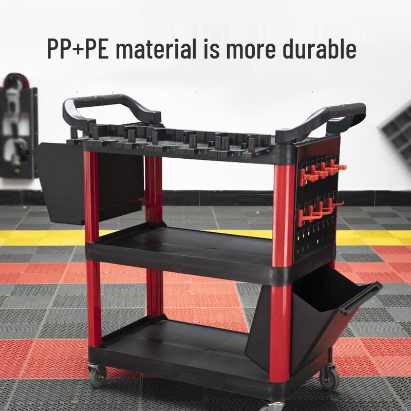 Three-Layer Multi-Functional Hand Push Cart for Auto Detailing and Car Wash Storage.